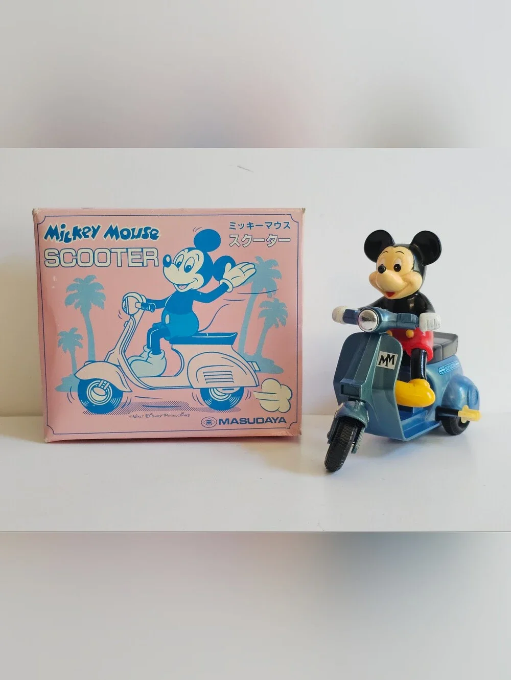 Vintage Mickey Mouse Blue Scooter Wind-up Toy Figure 1982 Masudaya Japan Disney